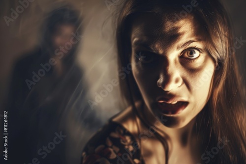 A woman with a surprised expression on her face as she hears threatening words from a man, A man's threatening words echo in the ears of a woman, leaving her paralyzed with fear