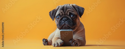 Young pug dog lying down with a smartphone on orange background, looking curious.