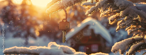 Photo of A house key hanging from the silhouette of an isolated snowy home, representing newpoly and real estate concept.