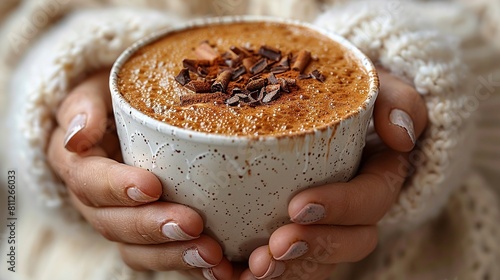  A macro of a hand cradling a steaming mug with a scattering of almonds strewn across its peak