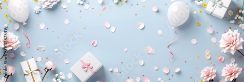 Happy birthday banner. Festive design realistic white air balloons, gift boxes, buds of bright flowers and petals. Celebrate poster, greeting card, headers website. Design horizontal and flat top view