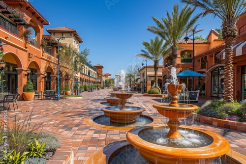 A city street featuring a fountain in the center of a Mediterranean-inspired plaza, A Mediterranean-inspired plaza with clay-tiled fountains and sun-soaked terraces