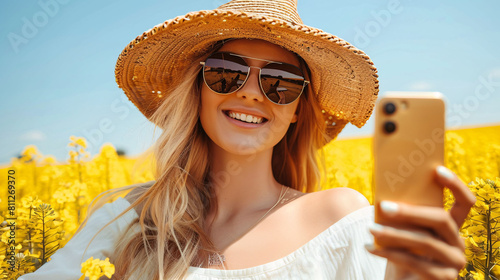 Młoda kobieta, dziewczyna w polu rzepaku robi selfie aparatem z telefonu komórkowego podczas pięknego bezchmurnego dnia