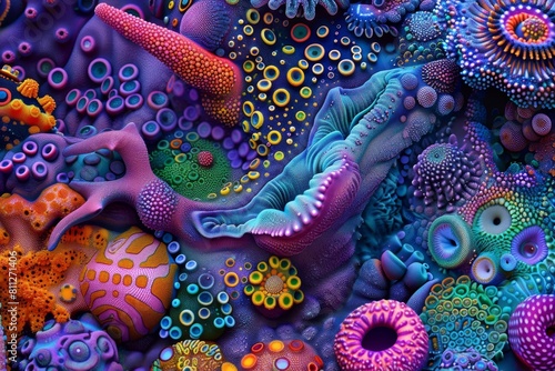 Colorful marine life, corals, and plants create a vibrant underwater scene, A microscopic world of vibrant colors and intricate patterns