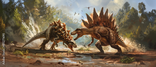 a stegosaurus defending its territory against a fearsome allosaurus, using its spiked tail as a weapon while the predator lunges forward, jaws agape, in a fierce display of primal aggression