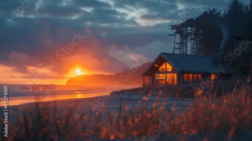 A house with a porch and a fireplace is on a beach