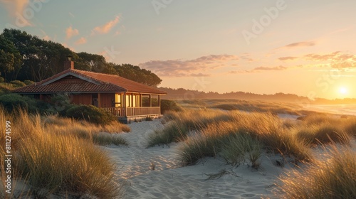 A small house is on a beach with a view of the ocean