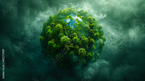 A green planet in the middle of a cloudy sky.