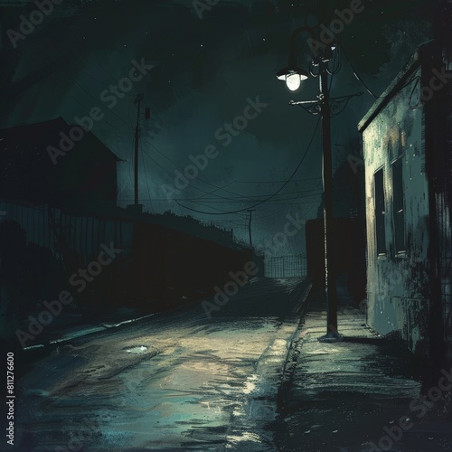 A lone streetlight illuminating a deserted street, conveying the isolation and loneliness felt at night, Film Noir, Digital Painting