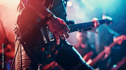 Close up of man's hands playing guitar on stage at concert