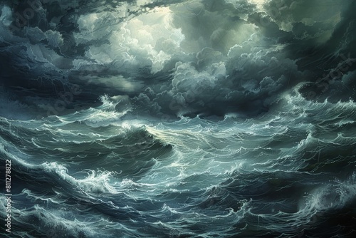 A painting capturing dark storm clouds gathering over a turbulent ocean, A moody depiction of storm clouds gathering over turbulent waters, hinting at an impending tempest