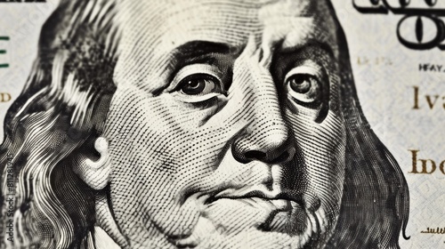 Macro close-up of Benjamin Franklin's portrait on US hundred-dollar bill. Detailed financial concept.