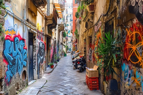 A narrow passage with vibrant graffiti covering the walls, A narrow alleyway lined with colorful graffiti and street vendors