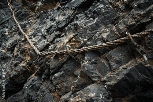 A rope is secured to the rock face for climbing purposes, A network of ropes and anchors snakes its way up the cliff, a testament to the teamwork and preparation required for a successful ascent
