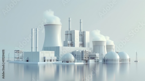Modern industrial complex with nuclear reactors and cooling towers on a foggy day. Minimalistic 3D rendering.