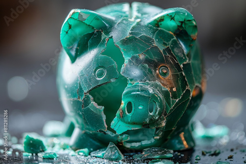 Malachite green piggy bank breaking open, symbolizing the use of saved money,
