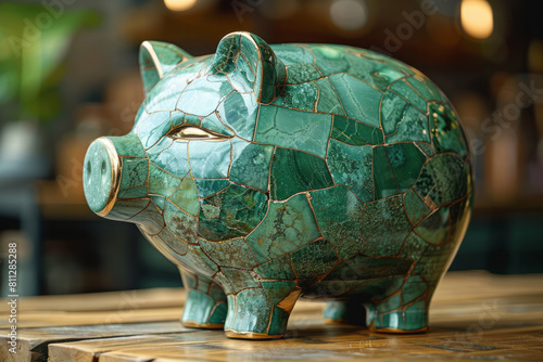 Malachite green piggy bank breaking open, symbolizing the use of saved money,