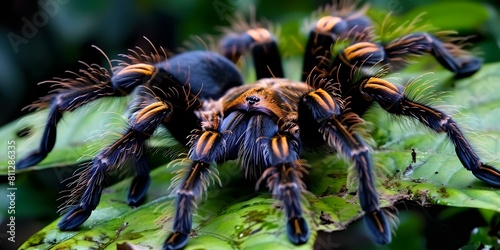 Tarantula spider on green leaves in the rainforest displaying distinctive features. Concept Tarantula Spider, Green Leaves, Rainforest, Distinctive Features, Wildlife Observation