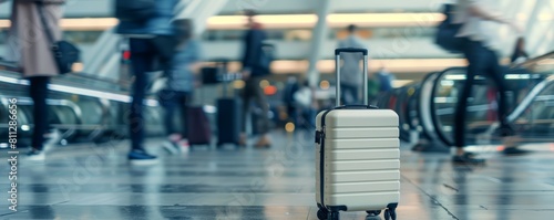 Silver suitcase in motion at busy airport terminal. Blurred motion effect. Travel and business trip concept