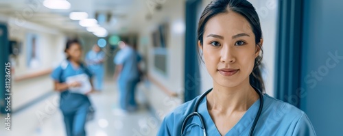 Asian female nurse standing in hospital corridor. Professional medical uniform and stethoscope.