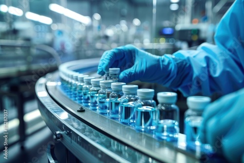 Pharmaceutical plant worker arranging blue medicine vials on a production line with precision and care