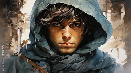 Close-up of an epic style drawing of a young man with a hood and a strong and determined look.