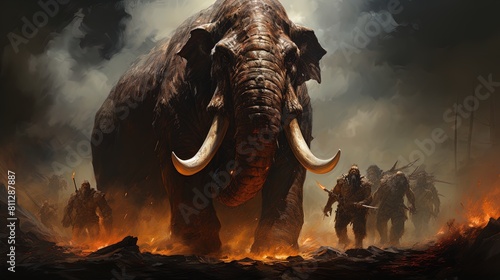 Drawing of a group of prehistoric or fantastic humanoid beings next to a gigantic mammoth.