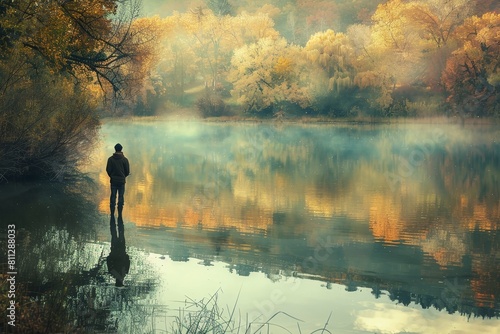 A man stands on the edge of a calm body of water, contemplating the view, A peaceful lake with a lone soldier standing at attention
