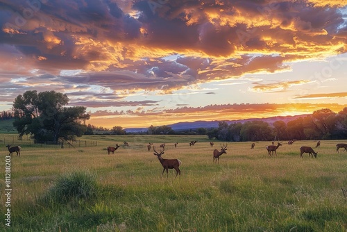 A herd of deer stands on top of a grassy field, A peaceful meadow dotted with grazing deer under a pastel sunset sky