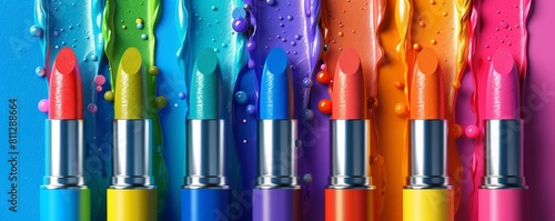 A colorful collection of lipsticks displayed against vivid paint streaks, showcasing a variety of bright and bold shades in a rainbow spectrum.