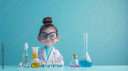 A young scientist girl wearing a lab coat and safety goggles is working in a laboratory.