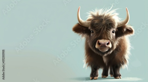 A cute yak standing on a blue background. The yak has long brown fur and is looking at the camera.