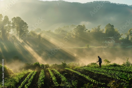 A person standing on a vibrant green field, surrounded by lush vegetation, A peaceful scene of a farmer tending to his crops in the early morning light