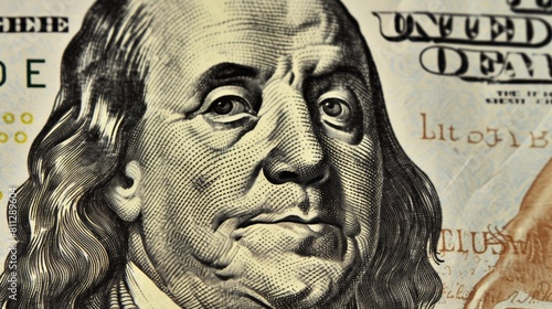 Macro shot of Benjamin Franklin's portrait on a US hundred-dollar bill. Detailed money concept.