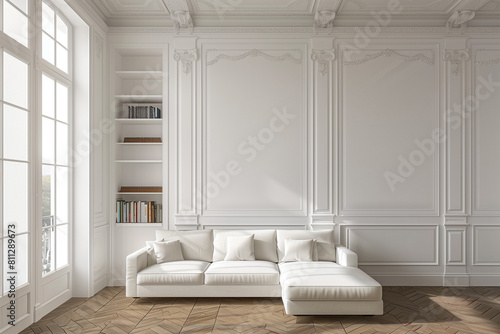 Parisian minimalist interior design of modern living room home. Sofa and bookcase on parquet floor against french windows in room with white classic paneling walls.