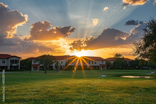 The sun sets over a golf course, casting a warm glow on the lush green fairways and flagsticks, A peaceful sunset over a serene retirement community