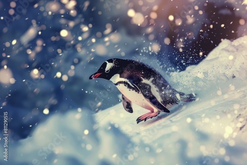 A penguin standing in the snowy landscape, A penguin sliding down a snowy slope