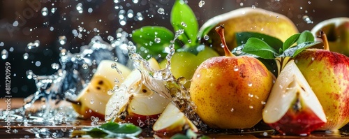 Fresh apples splashed with water on wooden surface. Macro shot of ripe fruits with dynamic water droplets