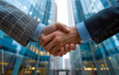 a photo of a professional handshake in front of a corporate building