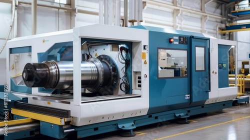 Modern industrial CNC lathe machine in operation. High-precision metalworking on CNC equipment in a factory setting.