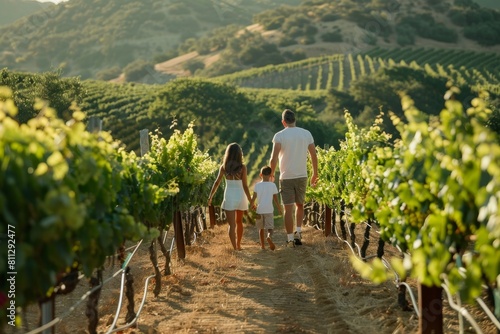 Father and daughter walking among rows of vines in a vineyard, A picturesque vineyard with a family tasting wine and taking a leisurely stroll through the rows of grapevines