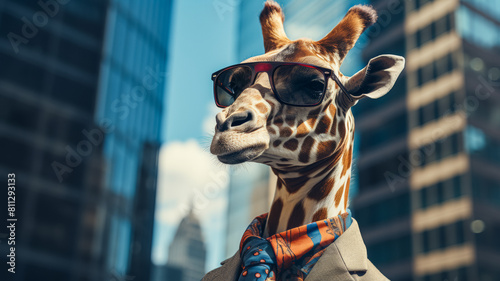 Picture a fashionable giraffe in a tailored trench coat, accessorized with a silk scarf