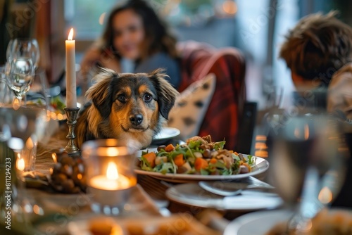 Family Bonding Time: A Loving Dinner Scene with a Patient Pet Dog Awaiting Scraps