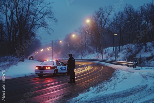 A police car parked on the side of a snowy road, assisting a stranded motorist in need of help, A police officer assisting a stranded motorist