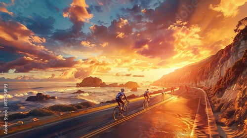 A group of cyclists ride along a coastal road at sunset. The sun is setting over the ocean, and the waves are crashing against the shore.