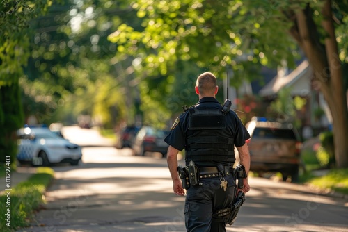 A police officer in uniform patrolling the neighborhood on foot, A police officer patrolling a neighborhood on foot