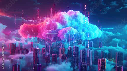 cloud computing concept with buildings and a neon sky. technology cloud illustration digital background design concept. abstract motion of digital data flow realistic