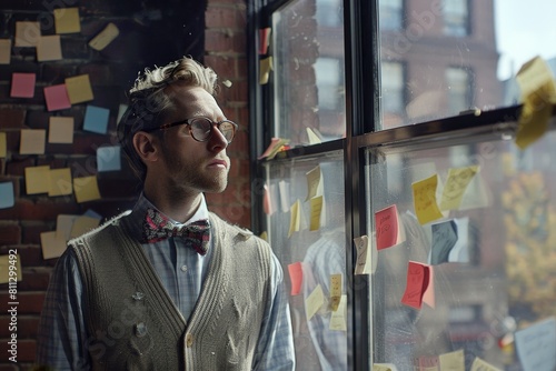 Professor in bow tie and cardigan looking through window with sticky notes, A professor in a bow tie and cardigan, gazing thoughtfully out a window strewn with post-it notes