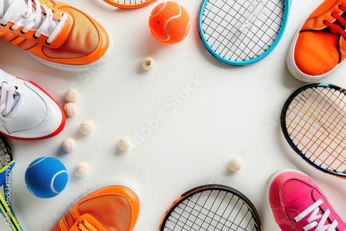 A collection of sports equipment including tennis balls, tennis rackets with copy space
