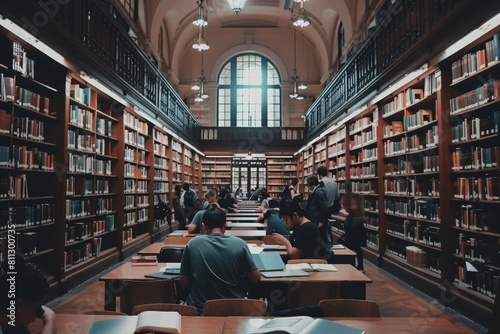 A vast library packed with numerous books on shelves, with students browsing and studying, A quiet library with rows of bookshelves and students studying at tables